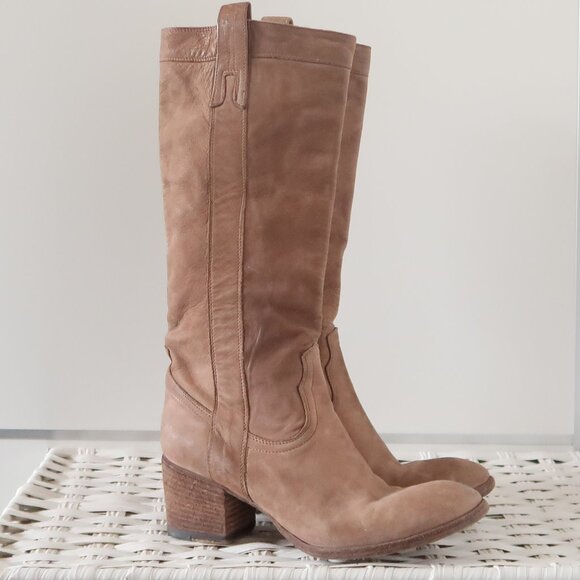 Fauzian Jeunesse Beige Leather Mid-Calf Block Heel Italian Western Tall Boots 6 - Picture 1 of 16